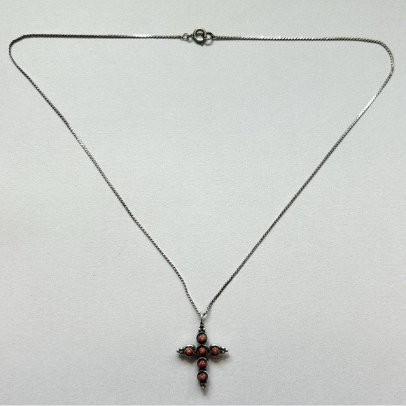 Vintage Reversible Turquoise Coral Snake Eye Cross Sterling Silver Necklace - Picture 8 of 10